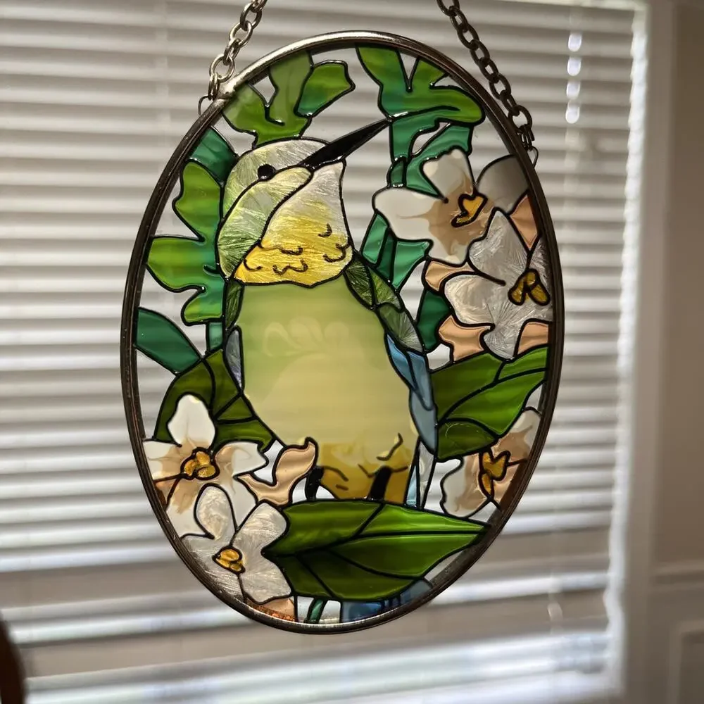 Stain Glass Sun Catcher Hand Painted Hummingbird Bird Floral Oval 4.5”